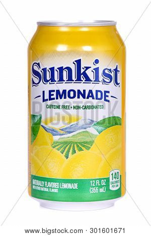 Novyy Urengoy, Russia - May 14, 2019: Aluminium Can Of The Sunkist Lemonade Isolated Over White Back