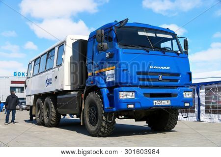 Novyy Urengoy, Russia - May 9, 2019: Offroad Bus Nefaz 4208 (kamaz 43114) With Cng Fuel Engine In Th