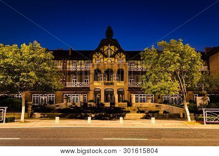 Sept 2015, Qingdao, China: Old German Guesthouse In Bathing Beach N1 In A Summer Night, Qingdao, Chi