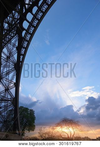 Paris Romantic Background With Glorious Sunset Framed With The Side Of Eiffel Tower. Space For Your 