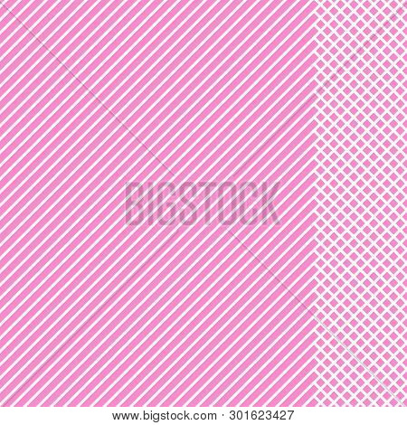 Geometric Striped Pattern With White Continuous Lines With Checkered Insert On Pink Background. Vect