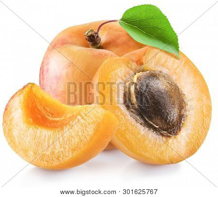 Ripe apricot fruits with a leaf. File contains clipping path.