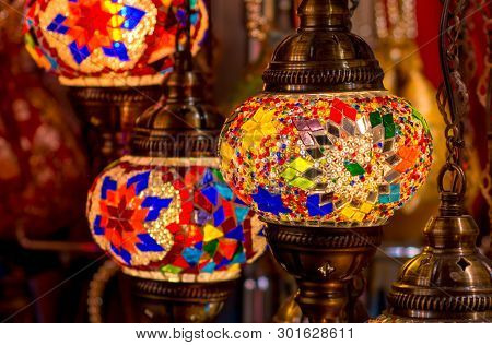 Beautiful Traditional Turkish Colorful Light Lamp With Blur Background