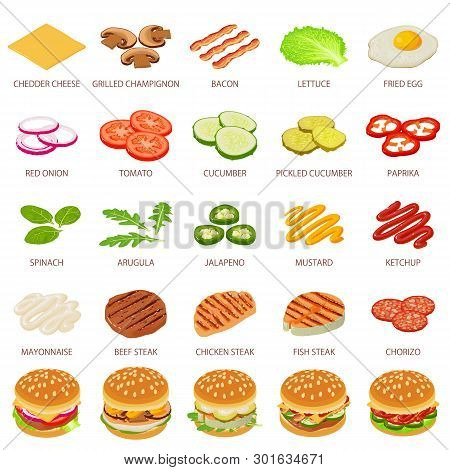 Burger Ingredient Icons Set. Isometric Illustration Of 25 Burger Ingredient Food Icons For Web