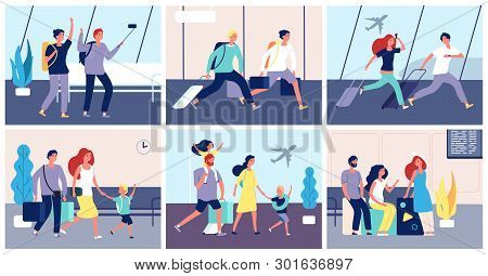Tourists Airport. People With Luggage In International Airport Terminal Passengers Going Summer Vaca