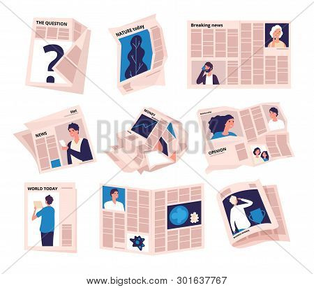 Periods Newspapers. Modern Tabloid News Publication, Newspaper Bundle Rumpled Paper Sheets. Business