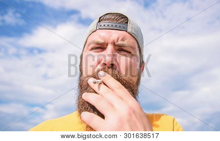 Take It Easy. Smoking Habit Concept. Hipster Thoughtful Concentrated Face With Smoke Flying Out Of M