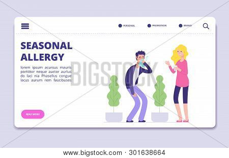 Seasonal Allergy Vector Illustration. Office Man With Allergy Symptoms - Health Landing Page, Banner