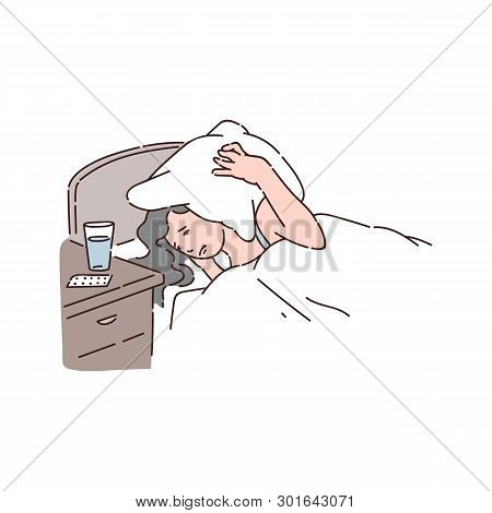 Sleepless Woman Covers Head With Pillow Vector Illustration Isolated On White.
