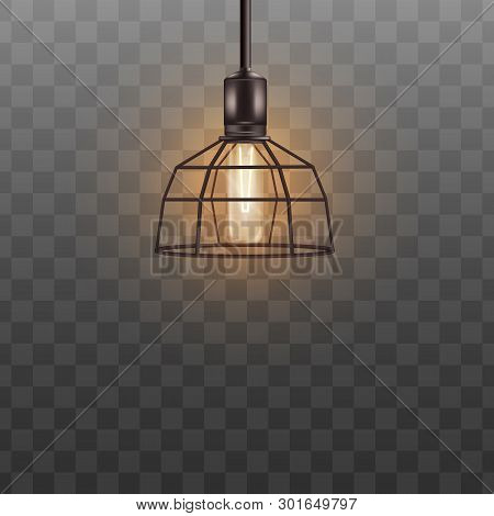 Geometric Lamp Shade With Electric Lightbulb, Black Modern Metal Lampshade Hanging From Ceiling.