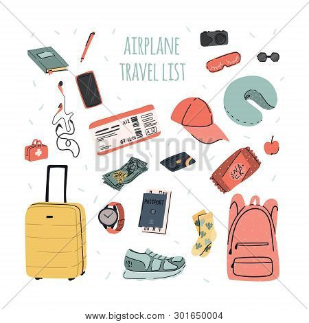 Airplane Trip Essentials. Traveling Check List For Carry-on Bag For Flight With Passport And Ticket,