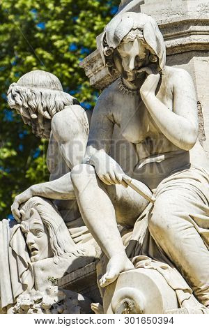 Detail Of Pradier Fountain At Esplanade Charles-de-gaulle In Nimes, France