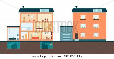 House Interior And Exterior In Section Cut View, Cartoon Orange Home Floor Plan For Interior Design 
