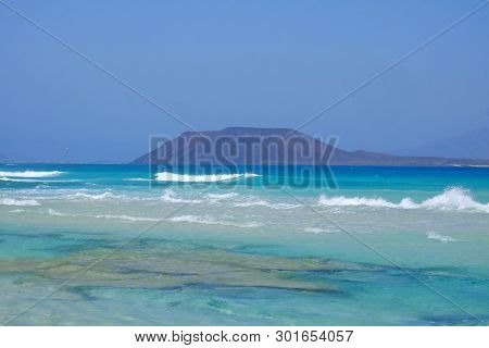 View On The Island Lobos From The Beach Corralejo On The Canary Island Fuerteventura, Spain.