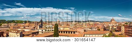 Rome, Italy, Bird View To The Side Of Capitol Hill With Roofs And Churches Of The Ancient City On Th