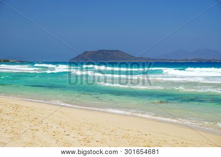 View On The Island Lobos From The Beach Corralejo On The Canary Island Fuerteventura, Spain.