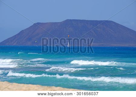View On The Island Lobos From The Beach Corralejo On The Canary Island Fuerteventura, Spain.