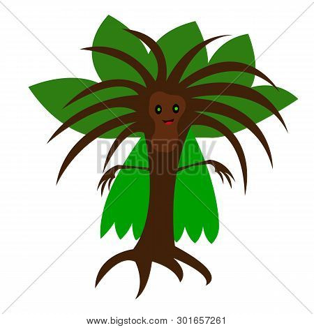 Funny Brown Tree In A Green Cloak Kind Smile Sparkling Eyes Cartoon Character For Design Nature Conc