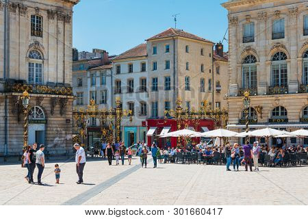 NANCY, FRANCE - June 23, 2018: Outdoor cafe restaurant in Old Town Nancy, France