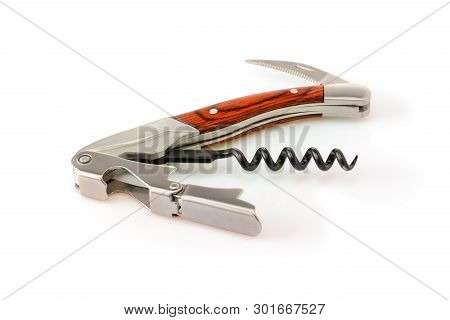 Sommelier Knife With Corkscrew And Bottle Opener Unfolded, Professionsl Waiter Knife, Close Up Macro