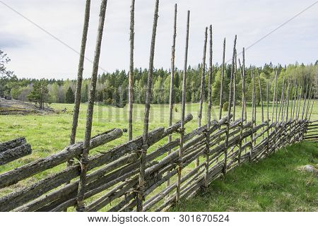 Traditional Old Swedish Wooden Fence At Tyresta Nationalpark, Sweden