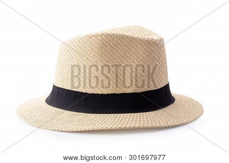 Vintage Straw Hat With Black Ribbon For Man Isolated Over White Background.