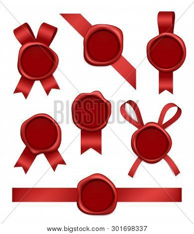 Wax Stamp And Ribbons. Sealed Red Rubber Postal Stamps With Tapes Vector Realistic 3d Pictures. Illu