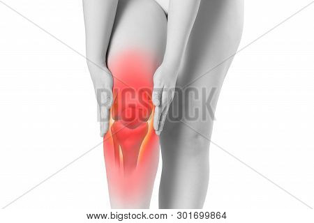 Knee Pain, Woman With Legs Ache, Chiropractic Treatments Concept With Highlighted Skeleton Isolated