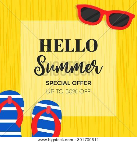 Summer Sale Banner With Sunglasses And Sandals, Vector Illustration