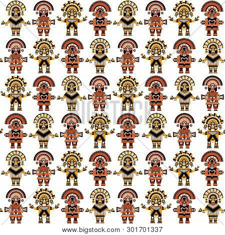 Inca Ceremonial Sculptures. Seamless Background Pattern. Vector Illustration.
