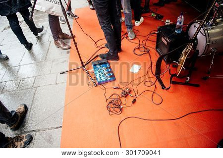 Paris, France - Jan 30, 2019: Detail Of Audio Equipment Cables For Electric Guitars, Drums, Micropho
