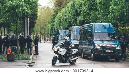 Strasbourg, France - Apr 28, 2019: Squadron Of Police Gendarms Officers Securing Entrance To Council