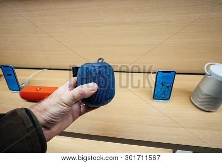 Paris France - Mar 19 2019: Pov Man Holding Ultimate Ears Wonderboom Portable Waterproof Bluetooth S