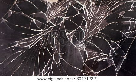 Broken Cracked Display Of Mobile Phone, Flat Lay, Close Up.