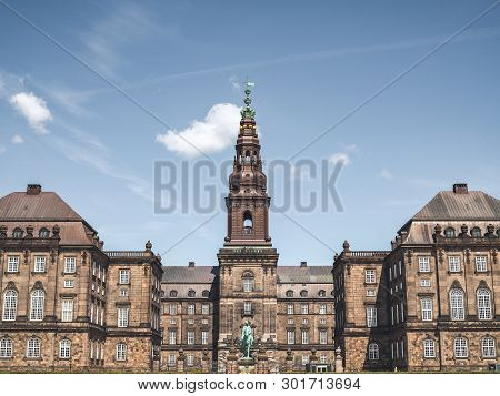 Front View Of Christiansborg Palace Where Is Now Denish Government Building. Baroque Architecture.