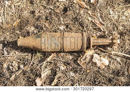 Rusty Unexploded Bomb From The Time Of The War On Needles In A Pine Forest, Top View