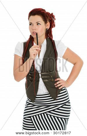 Fille rousse isolée sur fond blanc