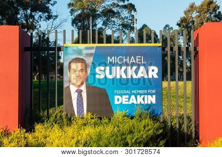 Melbourne, Australia - May 18, 2019: Liberal Party Posters At The Polling Place At Mallauna College 