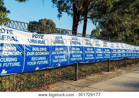 Melbourne, Australia - May 18, 2019: Liberal Party Posters At The Polling Place At Mallauna College 