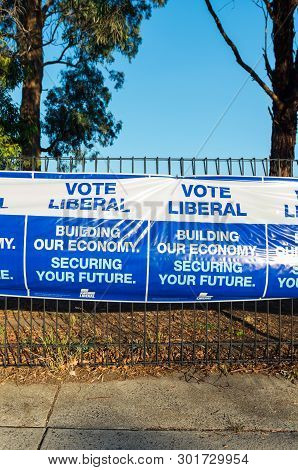 Melbourne, Australia - May 18, 2019: Liberal Party Posters At The Polling Place At Mallauna College 
