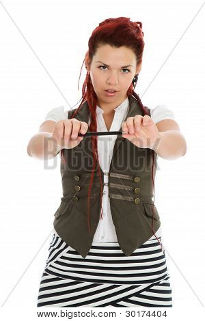 Fille avec stylo isolé sur fond blanc