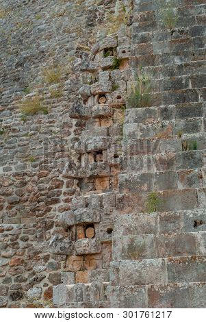 Decorations In The Shape Of An Elephant, Of An Ancient Mayan Building, In The Archaeological Area Of