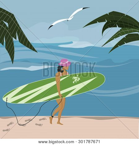 Seascape - Girl With A Surfboard Goes Along The Shore - Seagull, Palm - Abstract Illustration, Flat 