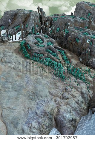 A Fantasy Scene Of A Desert Alien Land, With Weird Vegetation. 3d Illustration.