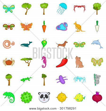 Bio World Icons Set. Cartoon Set Of 36 Bio World Icons For Web Isolated On White Background