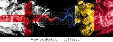 English Vs Chad, Chadian Smoky Mystic Flags Placed Side By Side. Thick Colored Silky Smokes Flag Of 
