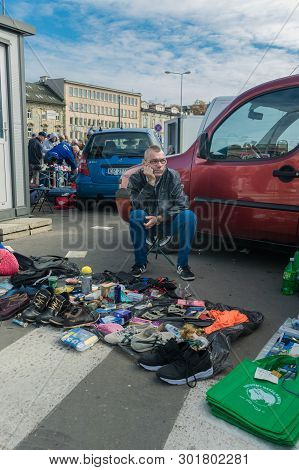 Krakow, Poland - September 21, 2018:  Polish Vendor Waiting For Buyers In A Parking Lot. He Is Selli