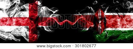 English Vs Kenya, Kenyan Smoky Mystic Flags Placed Side By Side. Thick Colored Silky Smokes Flag Of 