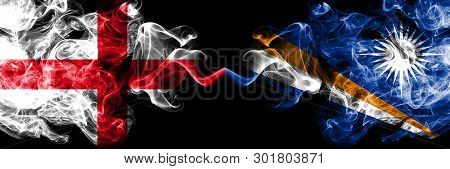 English Vs Marshall Islands Smoky Mystic Flags Placed Side By Side. Thick Colored Silky Smokes Flag 