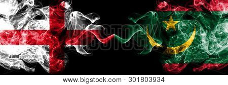 English Vs Mauritania, Mauritanian Smoky Mystic Flags Placed Side By Side. Thick Colored Silky Smoke